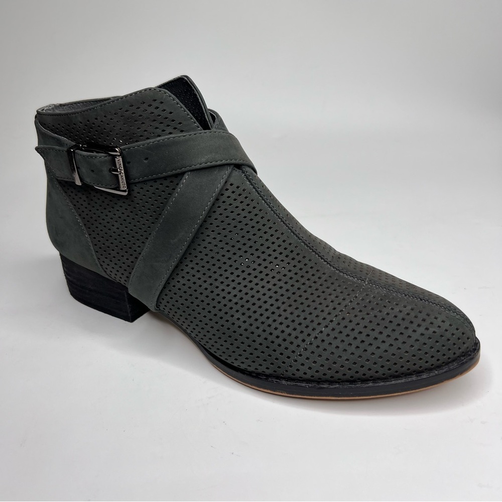Vince Camuto Casha Gray Perforated Suede Side Zip Buckled Accent Ankle Boot